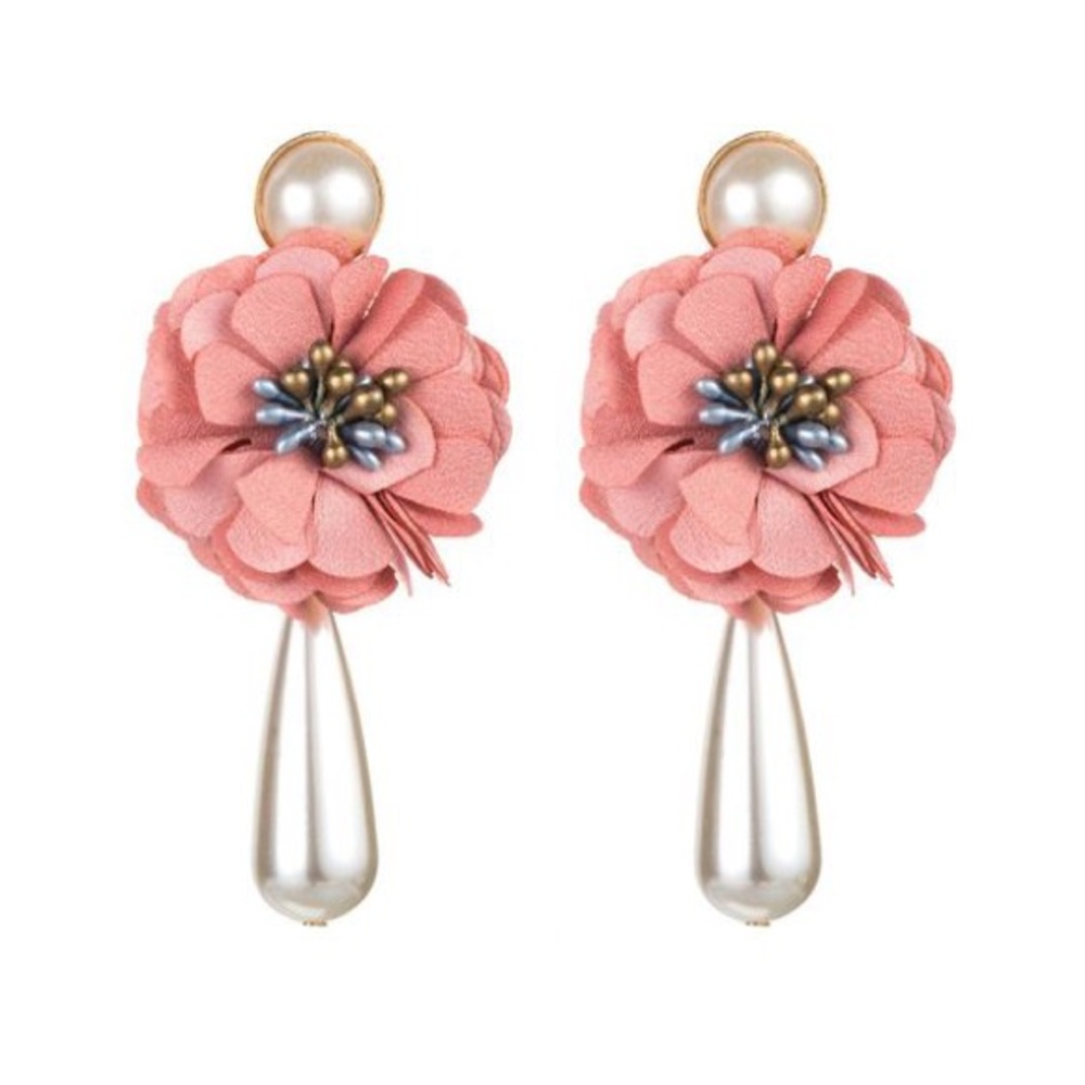 Teal or Pink Floral Pearl Earrings - Picture 4 of 7